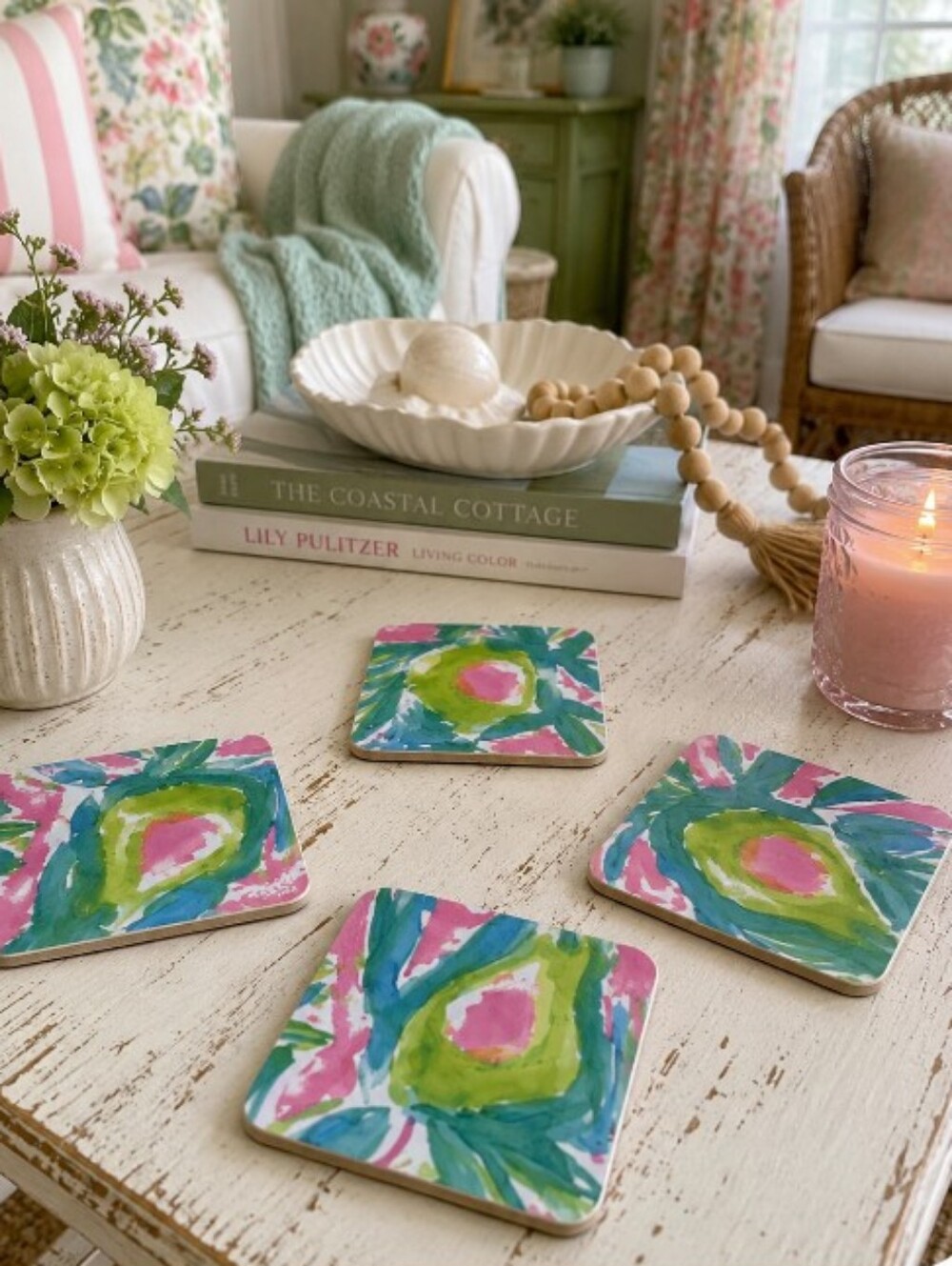 Set Of 4 Handmade Coasters Preppy Coastal Entertaining Hostess Beachy